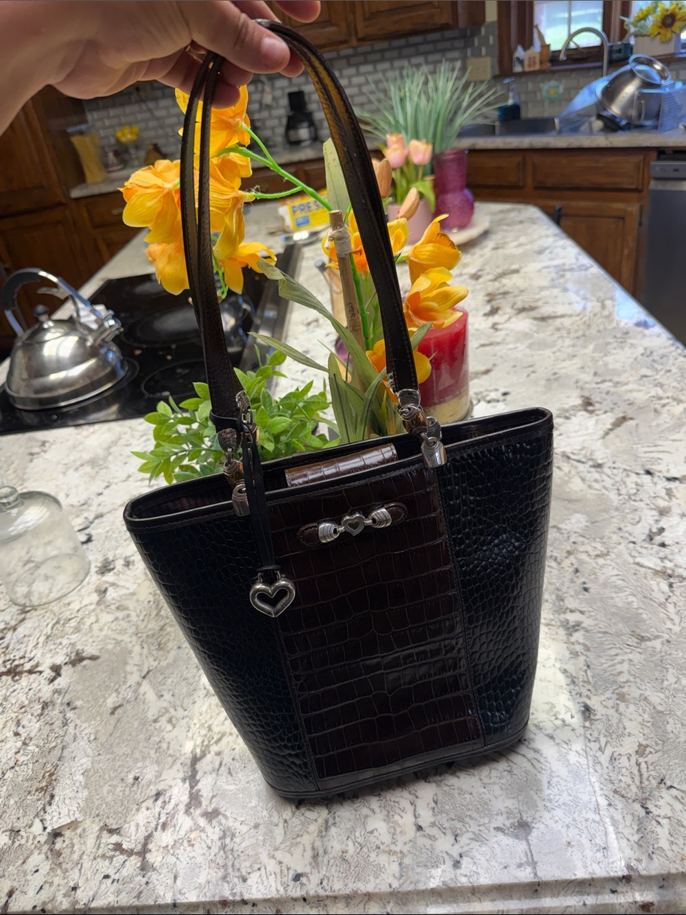 Brighton Black Croc-Embossed Tote with Heart Charm